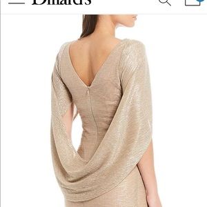 Betsy &Adam// Drape Back  3/4 Cape Sleeve Cowl Neck Metallic Crinkle Ruched Gown
